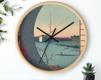 Reloj de pared con la imagen del bosque del templo Suijin, Uchikawa y la aldea de Sekiya, silencioso, 25 cm, marco de madera, envío gratuito.
