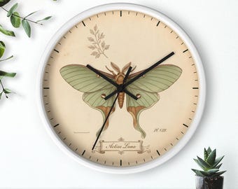 Reloj de pared con diseño de polilla Luna, lámina decorativa vintage, ilustración de Actias Luna, silencioso, 25 cm, marco blanco.