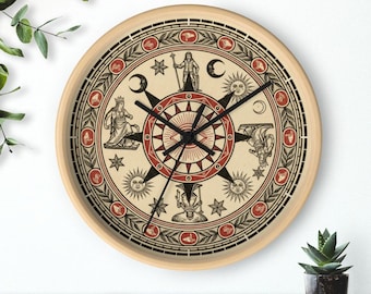Reloj de pared La Rueda de la Fortuna, arte de grabado en madera de cartas del tarot, decoración para el estudio del ocultismo, silencioso, 25 cm, marco de madera.
