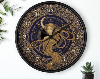 Reloj de pared Diosa Celestial, Reloj Art Nouveau, Decoración de Luna y Estrellas, Arte de Constelaciones Doradas, Silencioso, 25 cm, Envío Gratis