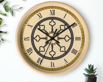 Reloj de pared con torreta esqueletizada, esfera de mecanismo antiguo, números romanos en color crema y dorado, silencioso, 25 cm (10 pulgadas), marco de madera.