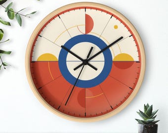Reloj de pared Bauhaus Sun, esfera de estilo moderno de mediados de siglo, diseño geométrico en rojo, crema y azul, silencioso, 25 cm (10 pulgadas), marco de madera.