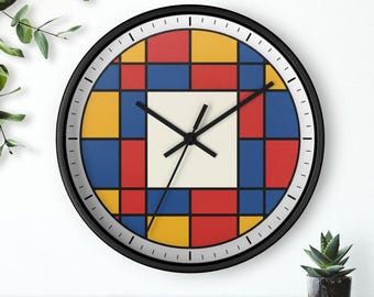 Reloj de pared De Stijl, arte abstracto moderno, decoración en colores primarios, regalo estilo Bauhaus, silencioso, 25 cm, envío gratis.