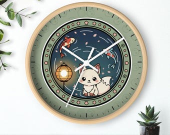 Reloj de pared Kawaii Fox, esfera con un lindo zorro y estanque de carpas koi, arte de escena nocturna de anime, silencioso, 25 cm, marco de madera.
