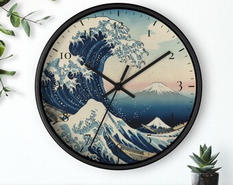 Reloj de pared La Gran Ola, arte de grabado en madera de Hokusai, reloj de arte japonés, impresión de olas Ukiyo-e, silencioso, 25 cm, envío gratis
