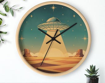 Reloj de pared con forma de ovni, silencioso, 25 cm, marco de madera, envío gratis.