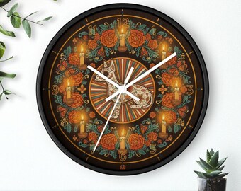 Reloj de pared con diseño de perro del Día de Muertos, arte popular del Día de Muertos, caléndulas y velas, silencioso, 25 cm, marco negro.