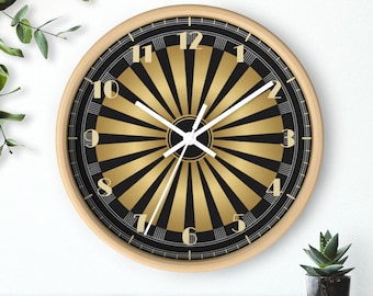 Reloj de pared Golden Sunburst, esfera estilo Art Déco, glamour de los locos años veinte, silencioso, 25 cm, marco de madera.
