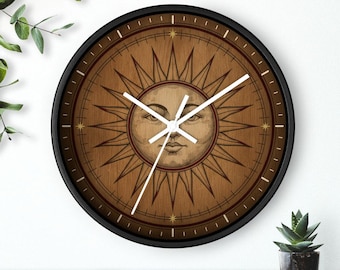 Reloj de pared con forma de sol, esfera grabada con oráculo solar, decoración con vetas de madera celestiales, silencioso, 25 cm, marco negro.