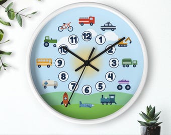 Reloj de pared para habitación infantil, reloj infantil de vehículos, reloj de coches y camiones, reloj de camión de bomberos, silencioso, 25 cm, marco blanco, envío gratis.