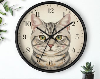 Reloj de pared con diseño de gato atigrado, retrato de gato, regalo ideal para amantes de los gatos, pintura plateada de gato atigrado, silencioso, 25 cm, envío gratis.