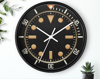 Reloj de pared con diseño de reloj de buceo, estilo vintage, bisel negro y naranja, silencioso, 25 cm (10 pulgadas), marco negro.