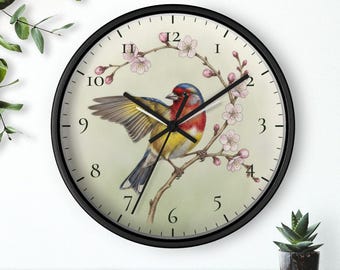 Reloj de pared vintage con diseño de pájaros, arte naturalista de aves, regalo para observadores de aves, estampado botánico de aves, silencioso, 25 cm, envío gratis.