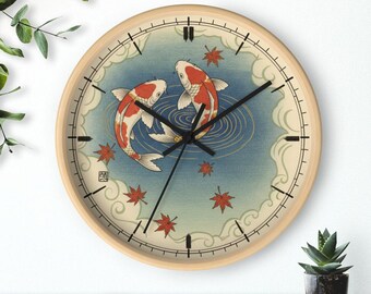 Reloj de pared con diseño de peces koi, arte japonés en madera, estanque y hojas de arce estilo ukiyo-e, silencioso, 25 cm, marco de madera.