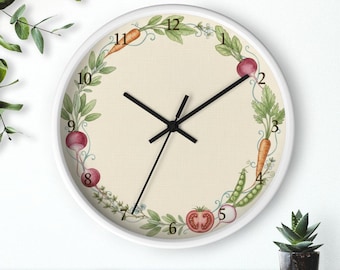 Reloj de pared con diseño de huerto, esfera con corona de verduras en acuarela, decoración botánica rústica, silencioso, 25,4 cm (10 pulgadas)