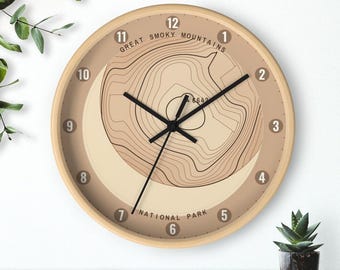 Reloj de pared de las Grandes Montañas Humeantes, mapa de las Montañas Humeantes, Clingmans Dome, arte de mapa topográfico, silencioso, 25 cm, marco de madera