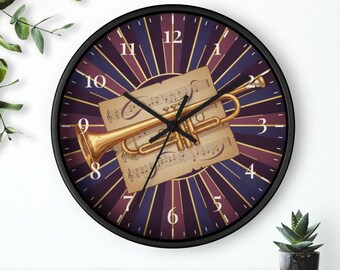Reloj de pared de jazz, arte con partituras de trompeta, decoración musical Art Déco, regalo para amantes del jazz, silencioso, 25 cm, envío gratis