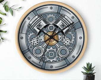 Reloj de pared con diseño de pistones y engranajes, esfera con arte de motor personalizado, decoración para taller o garaje, silencioso, 25 cm, marco de madera.