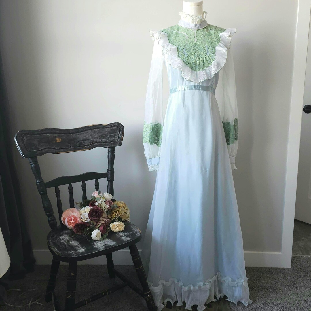 70s Ethereal Flowy Long Dress / Blue Green Lace Puff Sleeve Vintage