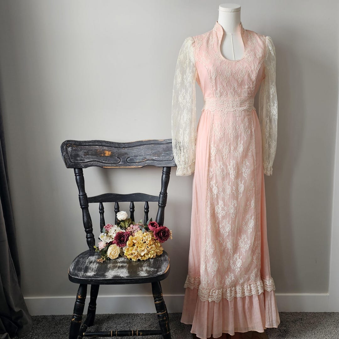 Vintage 1970s Gunne Sax Inspired Pink Lace Long Sleeve 70s Dress ...