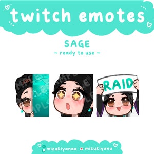 Könnte beinhalten: Drei Twitch-Emotes mit einer Cartoon-Figur mit schwarzen Haaren und verschiedenen Ausdrücken. Ein Emote zeigt die Figur mit einem Schild mit dem Wort "RAID". Der Text "twitch emotes" und "SAGE" sind ebenfalls vorhanden.
