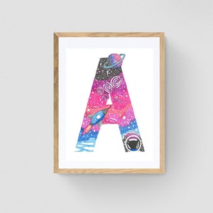 Letras en el espacio: impresión de letras para niños/decoración de pared para niños/impresiones giclée/letras/alfabeto/dibujadas a mano/arte de pared