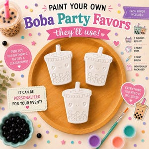 May include: A Paint Your Own Boba Party Favors kit featuring three white boba tea cup figurines on a wooden plate. The set includes a paintbrush, three paint pots, and text detailing kit contents like two figures, three paint pots, and a brush.