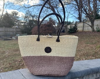 Handwoven Sisal Kiondo Market Bag, African Tote with Leather Handles