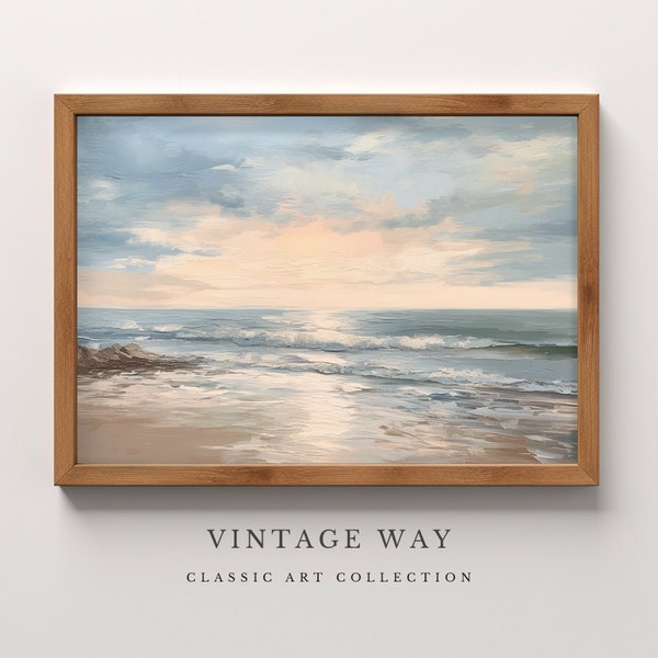 Vintage Beach oil Painting, Muted Vintage Beach Art Print, Neutral Lanscape Wall Art, Digital Downloadable PRINTABLE .1