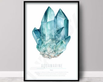 Crystal Aquamarine Print - Gemstone art - watercolor crystal painting - printable crystal art - Healing crystal wall art