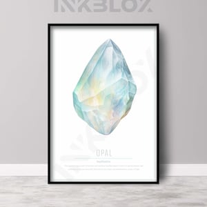 Puede incluir: Una pintura de acuarela de una piedra preciosa de ópalo. El ópalo es de color azul claro con toques de amarillo y verde. El texto "OPAL" y "Amplification" está debajo de la imagen. El texto dice: "Este fascinante remolino de tonos arcoíris ofrece sanación, inspira creatividad, enciende la pasión y te conecta con tu yo interior. Abraza la alegría, la esperanza y el poder transformador del ópalo."