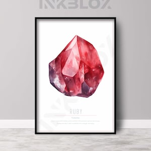 Può includere: Un dipinto ad acquerello di una gemma di rubino. Il rubino è di colore rosso intenso e ha una forma sfaccettata. Il testo "RUBY" e "Protection" è scritto sotto la gemma.