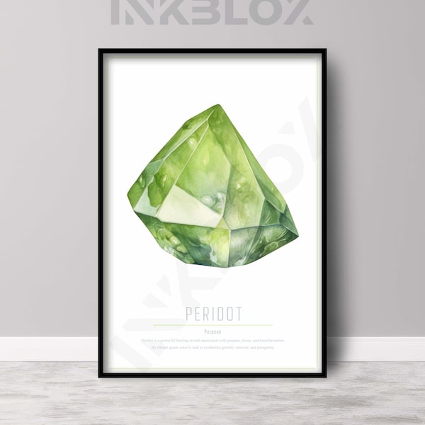 Crystal Peridot Print - Gemstone art - watercolor crystal painting - printable crystal art - Healing crystal wall art