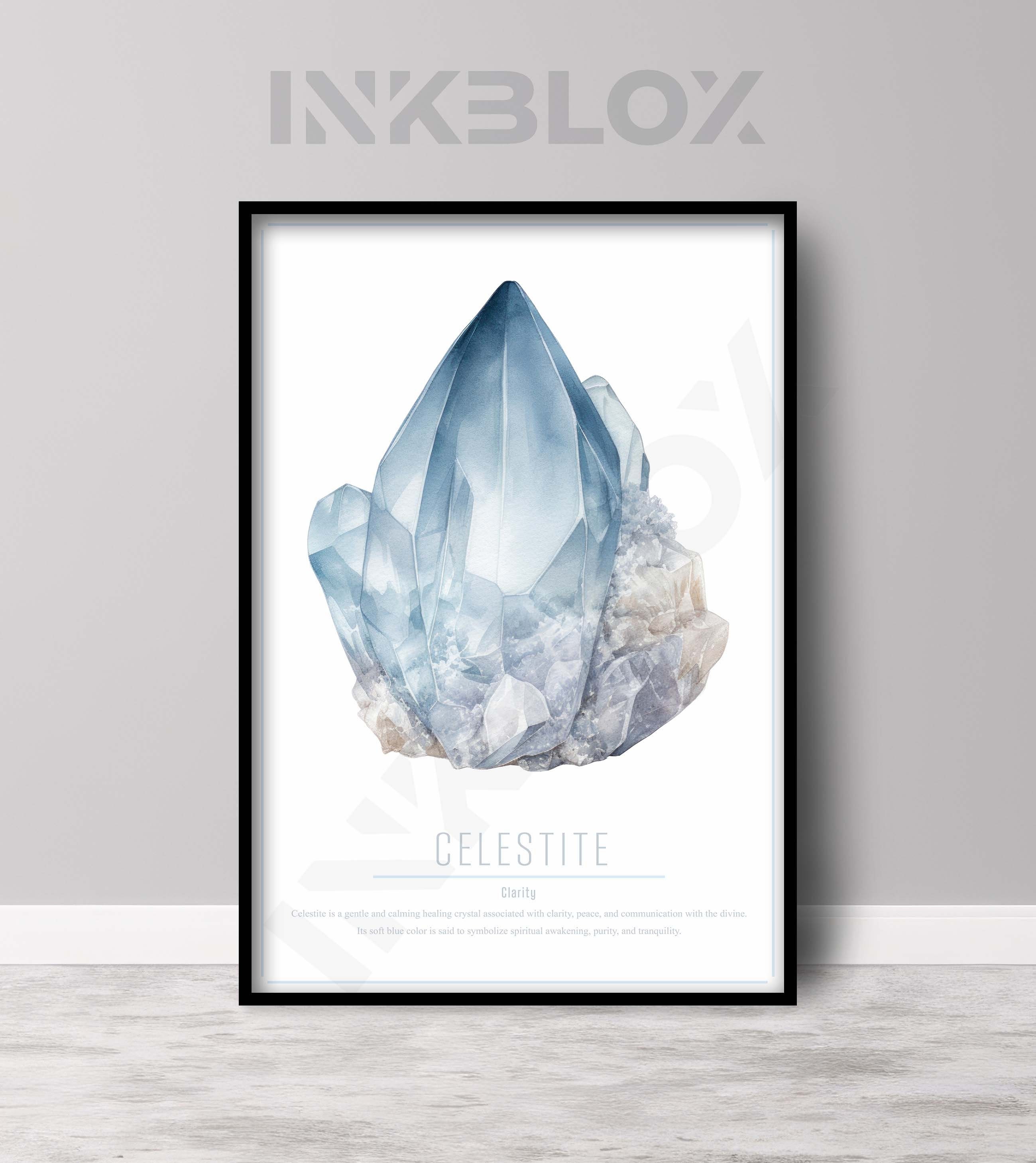 Crystal Celestite Print - Gemstone art - watercolor crystal painting - printable crystal art - Healing crystal wall art