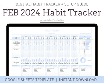 February 2024 Digital Habit Tracker Spreadsheet, Blue, Daily Weekly and Monthly Habit Tracker Spreadsheet, 2024, Google Sheets Template