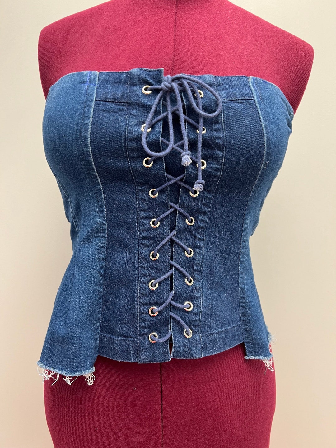 Fitted Denim Corset Tank Top with Front Zip