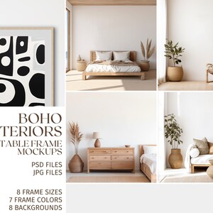 Puede incluir: Un conjunto de 8 maquetas digitales que presentan una impresión abstracta enmarcada en un ambiente interior boho. Las maquetas incluyen 8 fondos diferentes, 7 colores de marco y 8 tamaños de marco. Las maquetas son perfectas para mostrar obras de arte, fotografía u otros diseños digitales.