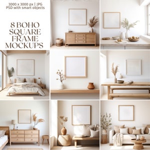 8 Boho Square Frames Bundle | Home Interior Decor | Blank Wall Art Mockup | Coastal Style | Square Frame Mockup | JPG & PSD