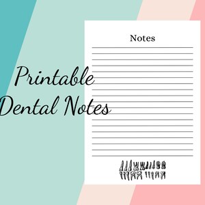 Puede incluir: Página de notas dentales imprimible con un gráfico de dientes en blanco y negro en la parte inferior y la palabra "Notas" en la parte superior.