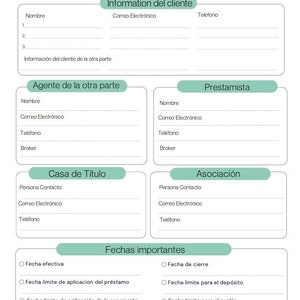 May include: A blank form with the title "Information del cliente" and sections for name, email, phone, and address. The form also includes sections for the agent, lender, title company, and association. The form has a section for important dates, including the closing date, application deadline, and inspection deadline.