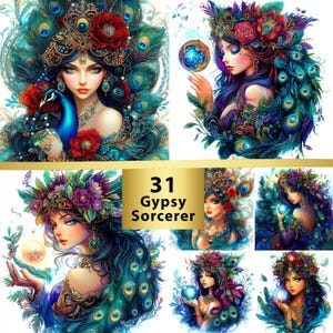 31 imágenes prediseñadas de adivina mística: hechicera bohemia, arte de tarot, diario basura, scrapbooking, gráficos digitales de brujas