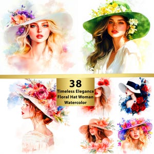 Eleganza senza tempo Cappello floreale Donna Acquerello, 38 JPEG, Download digitale, Cappello con fiori, Creazione di biglietti, Scrapbooking, Artigianato di carta digitale