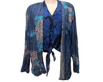 Carol Little Vintage Boho Sheer Blouse Cardigan Tie Front Floral Print Top Sz 6