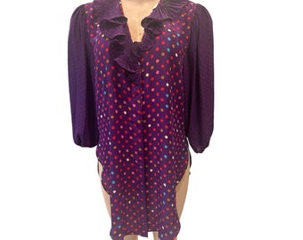 Diane Freis Women's Vintage Polka Dot Blouse Ruffle Detail Size M/L