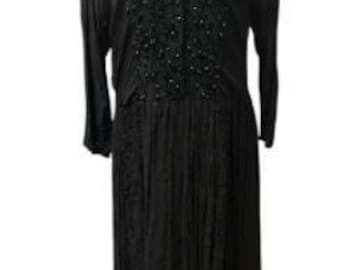 Vintage Jaklin Beaded Dress Black Pleated 3/4 Sleeve Formal Rayon L