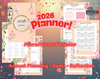 2026 Planner Printable | Floral Pastel Annual Planner PDF | Year at a Glance, Goals & Reflection Pages | Instant Download