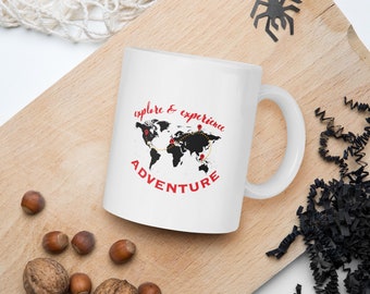 explore and experience adventure white glossy mug