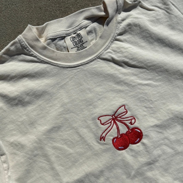 Cherries Coquette Bow Embroidered Comfort Colors T-Shirt, Cute Minimalist Cherry Shirt