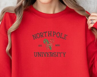 North Pole University Embroidered Sweatshirt, North Pole Embroidered Sweater, Christmas Embroidered Sweater