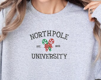 North Pole University Embroidered Sweatshirt, North Pole Embroidered Sweater, Christmas Embroidered Sweater